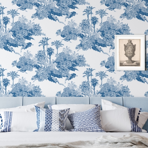 Papel pintado vintage con bosque blanco y azul Toile de Jouy Blu Promoción