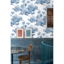 Papel pintado vintage con bosque blanco y azul Toile de Jouy Blu Descueto