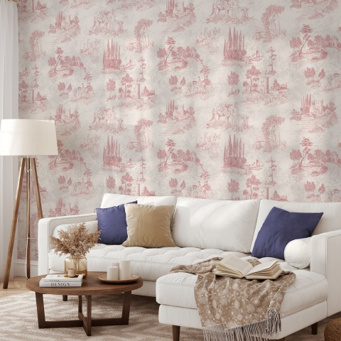 Papel pintado vintage con paisajes rosados para sala de estar Toile de Jouy Rosa Promoción
