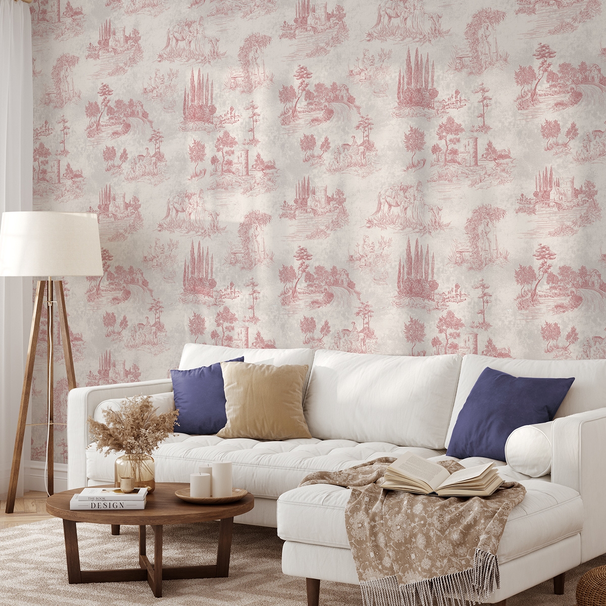 Papel pintado vintage con paisajes rosados para sala de estar Toile de Jouy Rosa Promoción