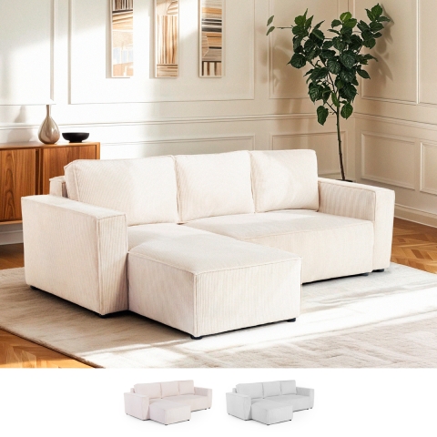 Sofá esquinero con chaise longue y cama extraíble de tela de pana Leka Promoción