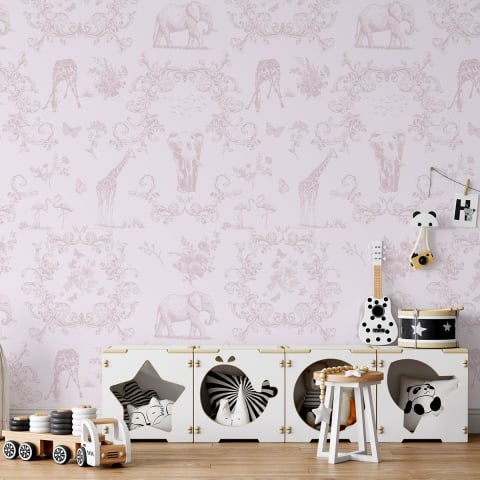 Papel pintado floral con animales para habitación infantil Rosa Vittoriana Promoción
