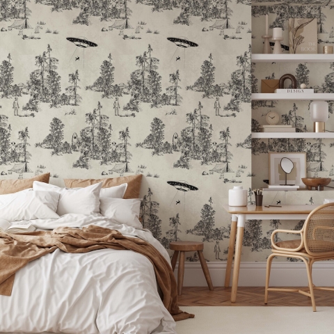 Papel pintado bosque vintage blanco y negro Toile de Jouy Ufo Nero Promoción