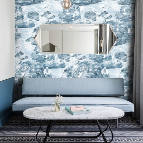 Papel pintado azul para sala y dormitorio Nuvole Vintage Promoción