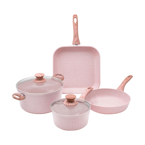 Juego de ollas 6 piezas sartén grill piedra granito rosa Stonerose Promoción