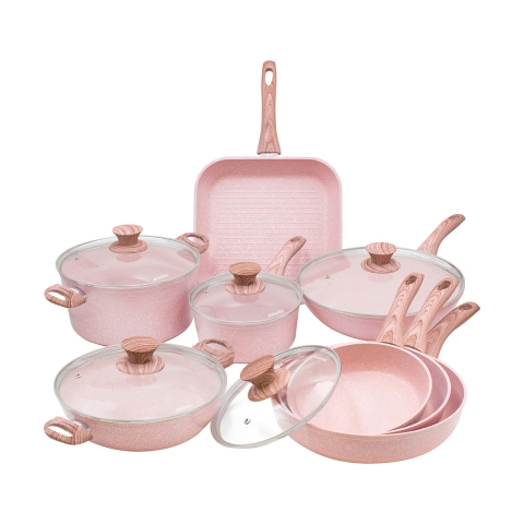 Set de 13 piezas de ollas y sartenes antiadherentes granito rosa Stonerose Promoción
