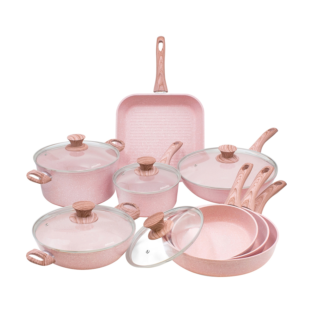 Set de 13 piezas de ollas y sartenes antiadherentes granito rosa Stonerose Promoción Set de 13 piezas de ollas y sartenes antiadherentes granito rosa Stonerose Promoción