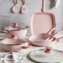 Set de 13 piezas de ollas y sartenes antiadherentes granito rosa Stonerose Oferta