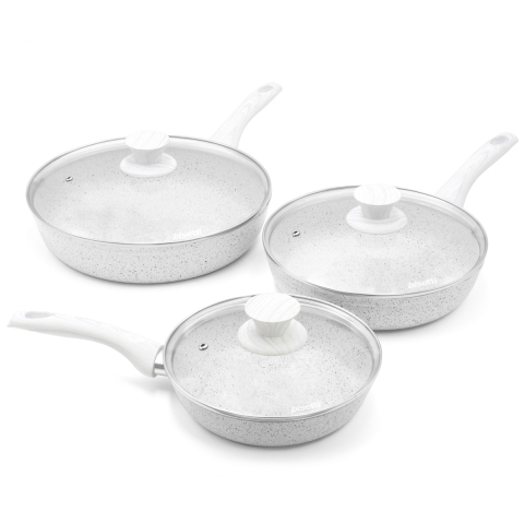 Set de 3 sartenes de aluminio antiadherente con tapas Bisetti Stonewhite Promoción