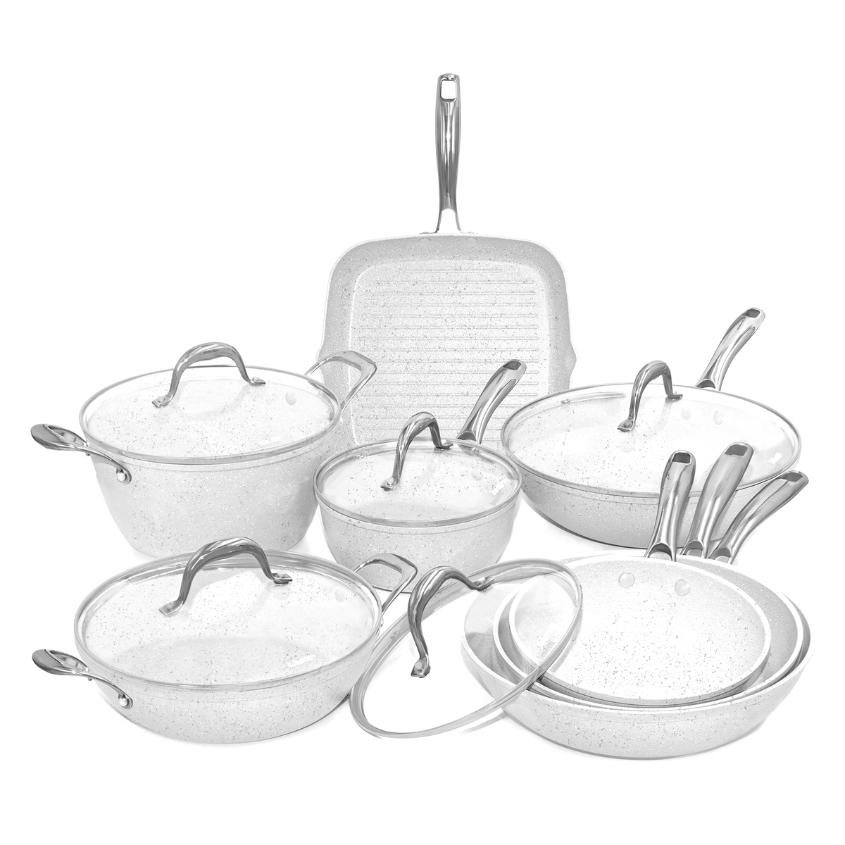 Batería 13 piezas sartenes cazuela parrilla antiadherentes Stonewhite Promoción
