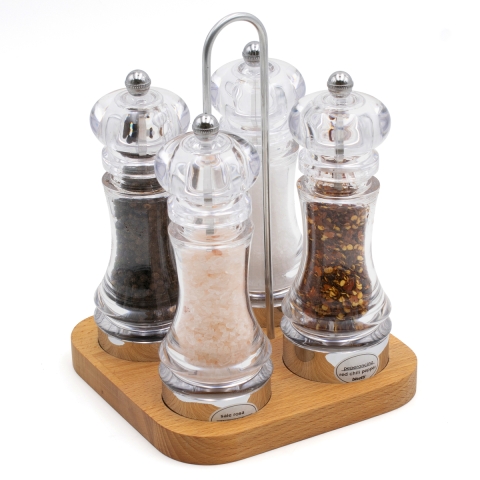 Set de molinillo de pimienta y sal especias 4 piezas con base de madera de haya Bisetti Promoción