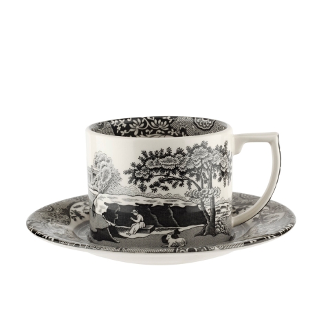 Taza de té con platillo de porcelana estilo inglés Black Italian Promoción