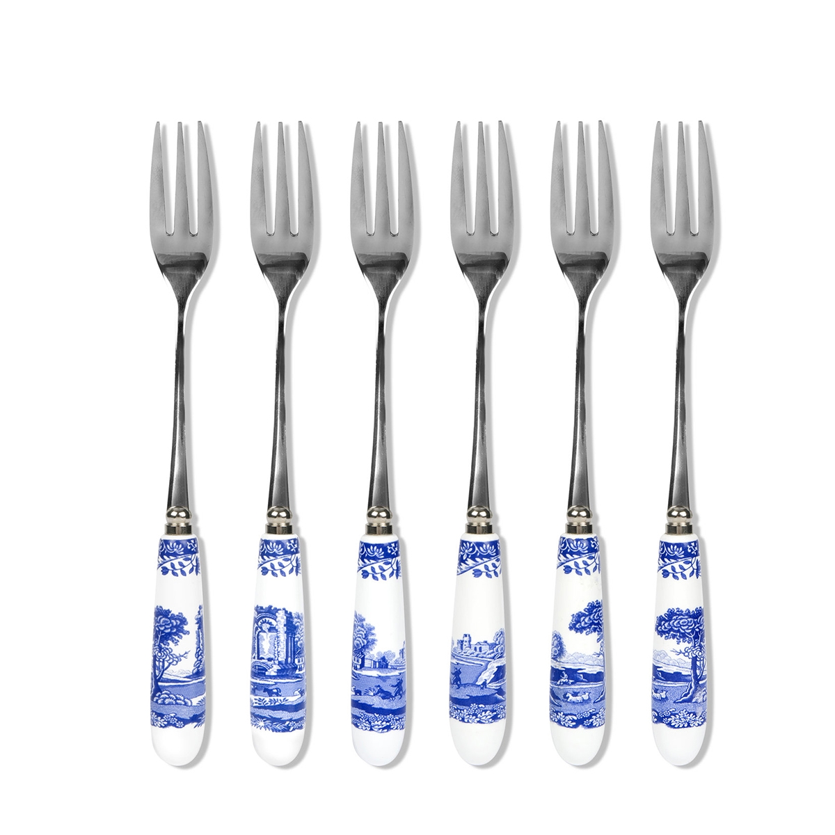 Juego de 6 tenedores de postre de acero y cerámica estilo inglés Blue Italian Promoción Juego de 6 tenedores de postre de acero y cerámica estilo inglés Blue Italian Promoción