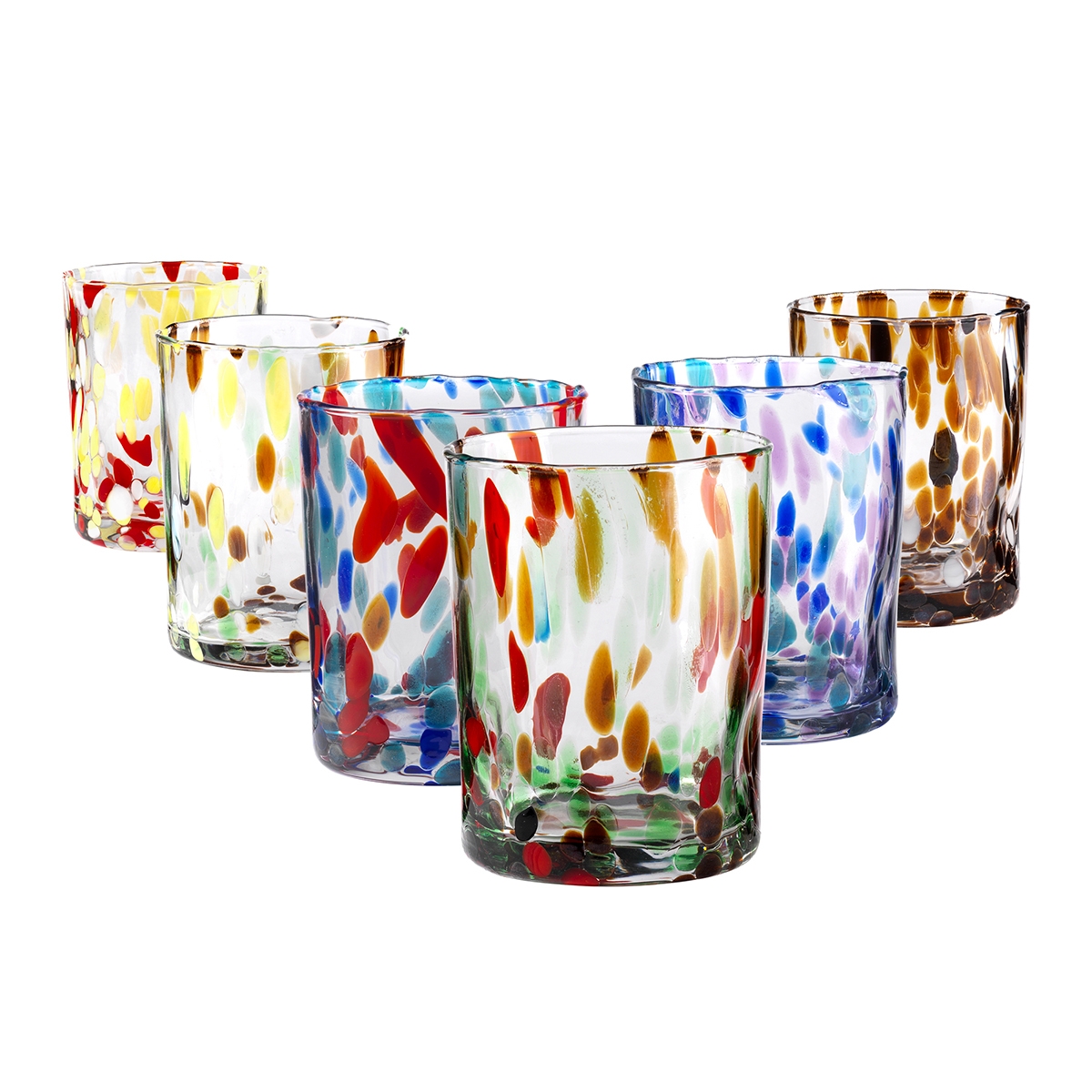Set de 6 vasos de agua de 10 cm en vidrio colorido diseño creativo Banderoles Promoción Set de 6 vasos de agua de 10 cm en vidrio colorido diseño creativo Banderoles Promoción