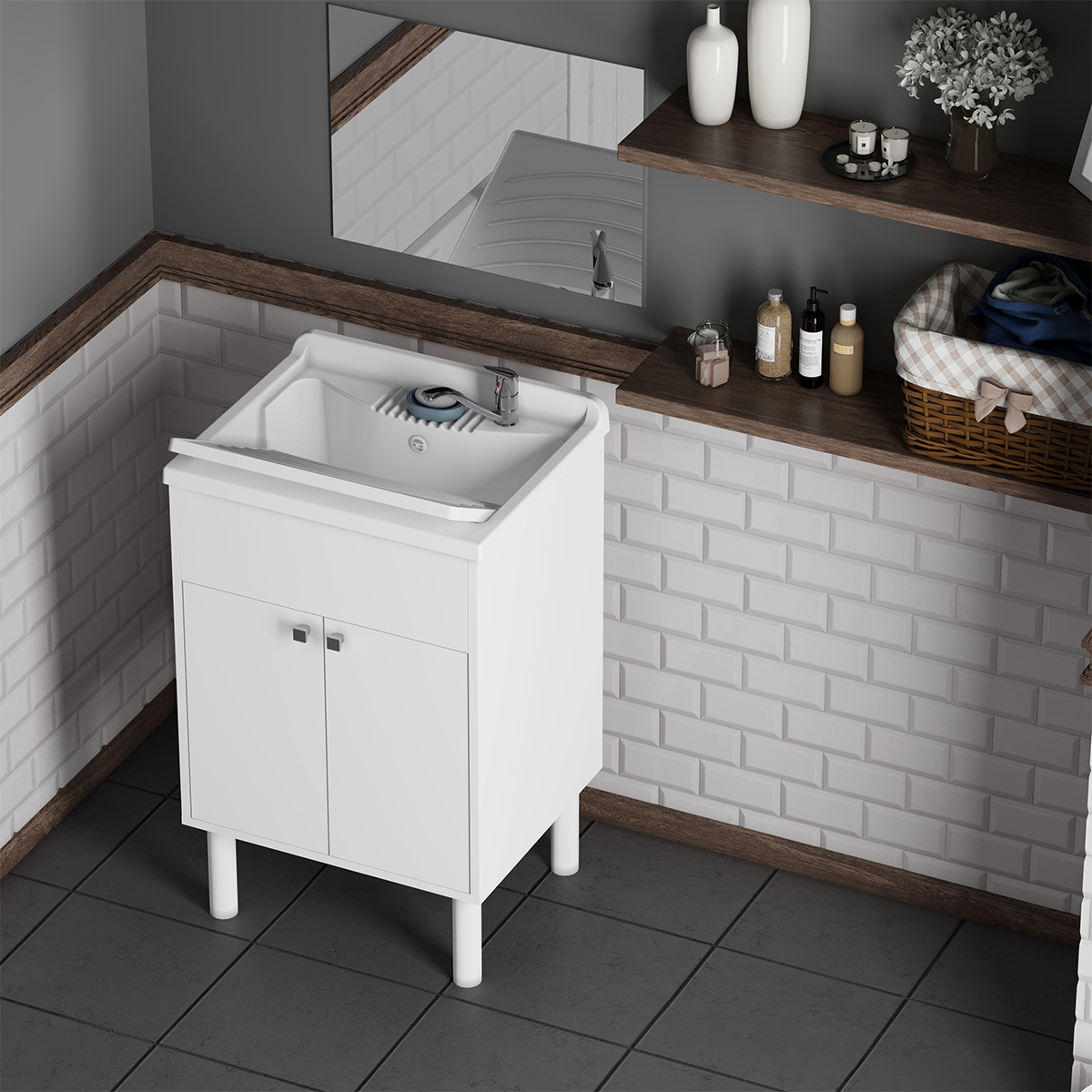 Conjunto de lavabo móvil con espejo brillo fino 60x45cm Negrari COMP 4 Promoción Conjunto de lavabo móvil con espejo brillo fino 60x45cm Negrari COMP 4 Promoción