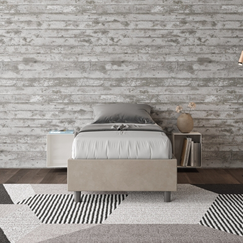 Cama individual 90x190 cm tapizada en tela beige con somier Azelia Promoción