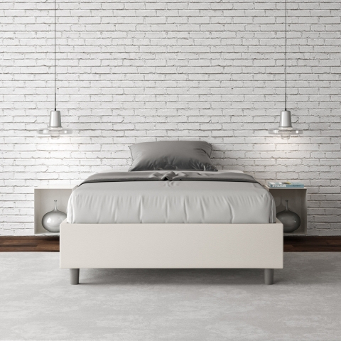 Cama doble tipo francés con almacenamiento 140x190 en piel sintética blanca Azelia Promoción