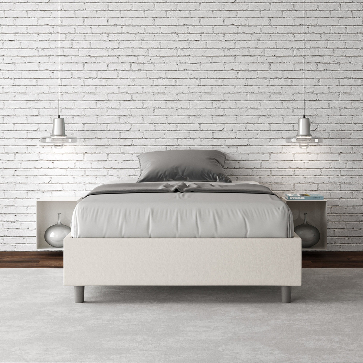 Cama doble tipo francés con almacenamiento 140x190 en piel sintética blanca Azelia