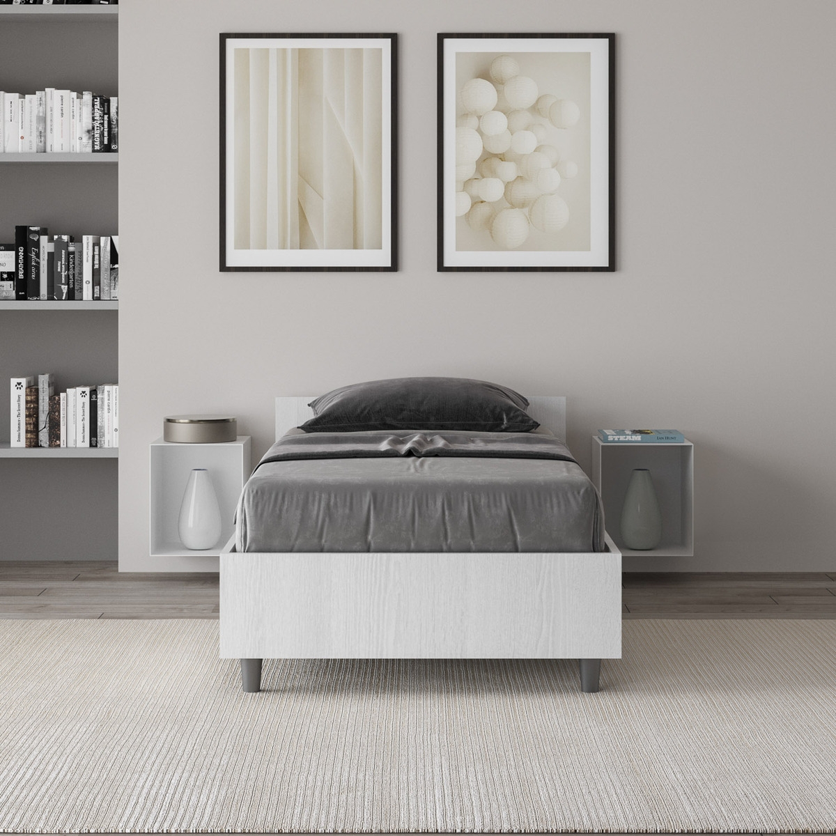 Cama individual con espacio de almacenamiento 80x190 en madera blanca Nuamo Promoción Cama individual con espacio de almacenamiento 80x190 en madera blanca Nuamo Promoción