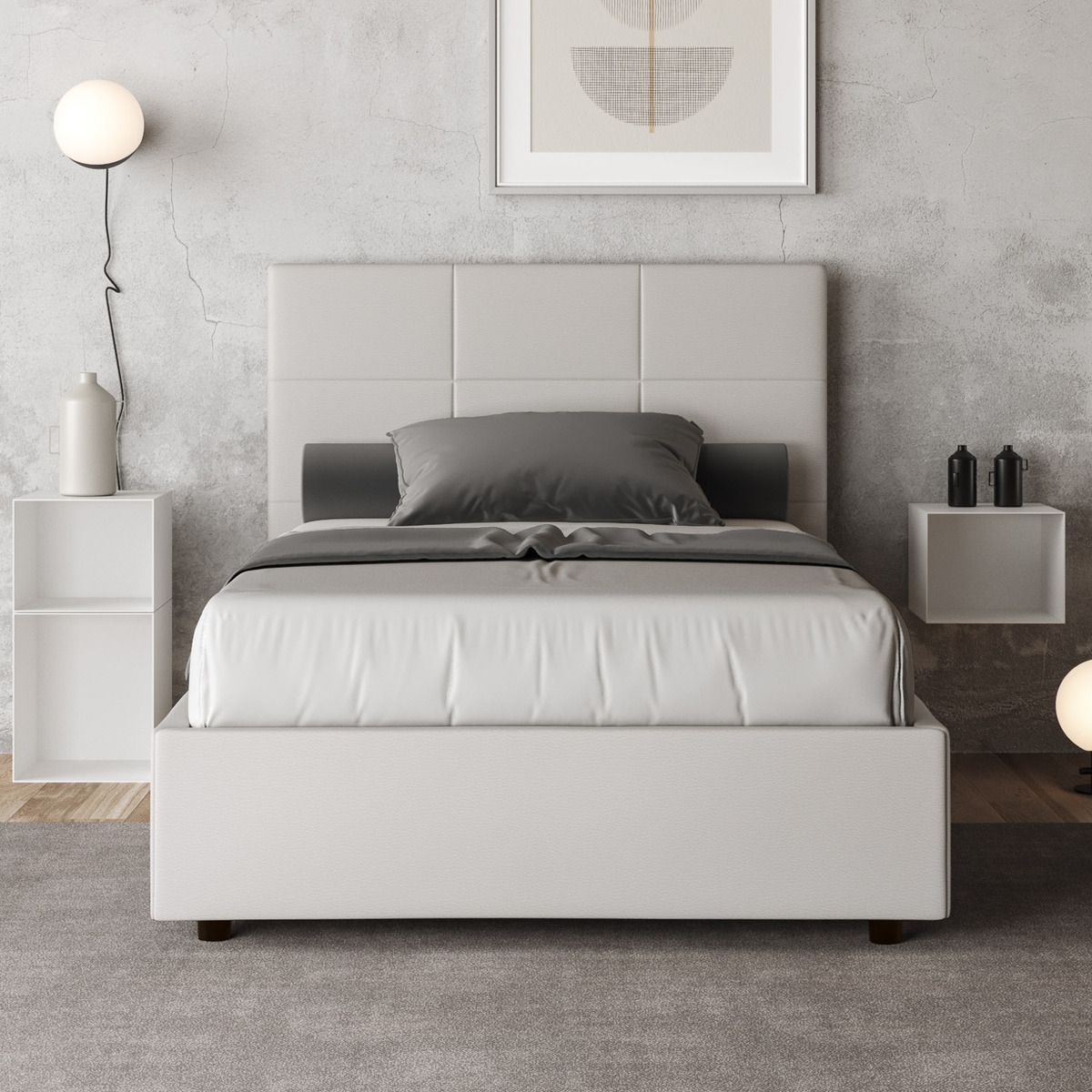 Cama francesa 140x190 polipiel blanca con cajón cabecero Mika
