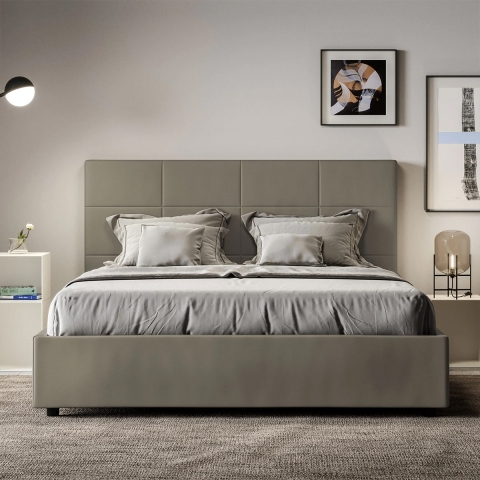 Cama matrimonial con almacenamiento 160x190 en polipiel beige Mika Promoción
