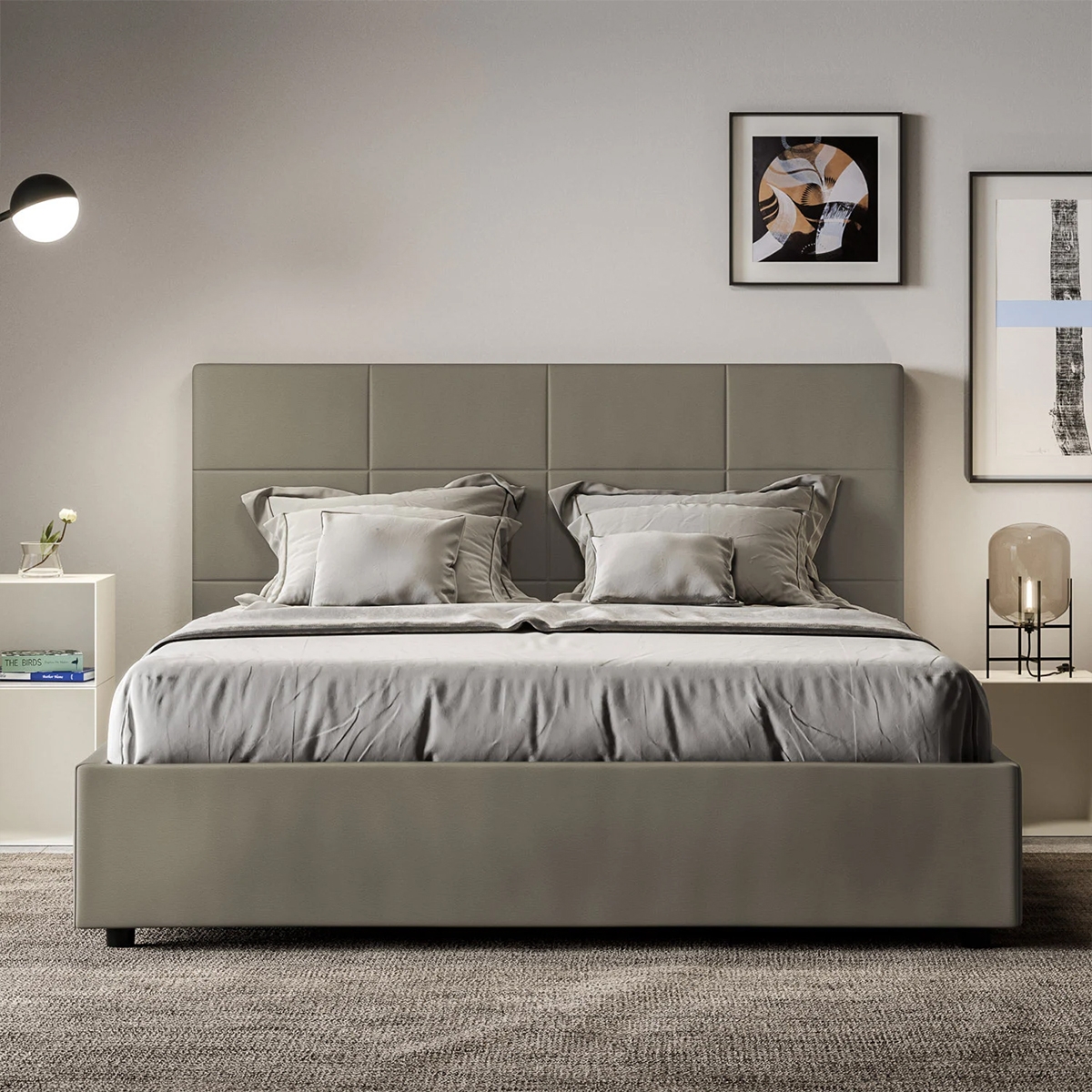 Cama matrimonial con almacenamiento 160x190 en polipiel beige Mika