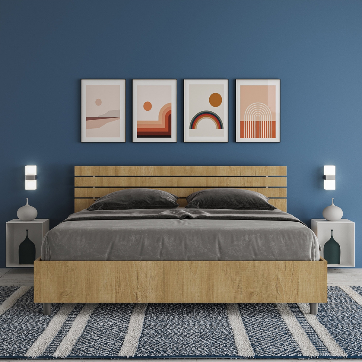 Cama matrimonial de madera 160x190 con cabecero inclinado Ankel sin somier Promoción
