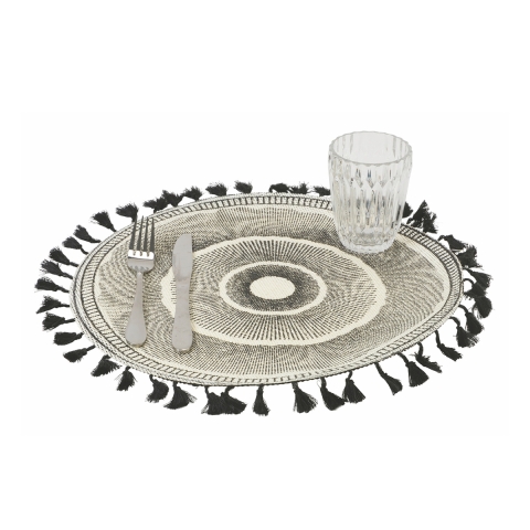 Set de 6 manteles individuales decorativos diseño geométrico 38 cm Black con flecos Promoción
