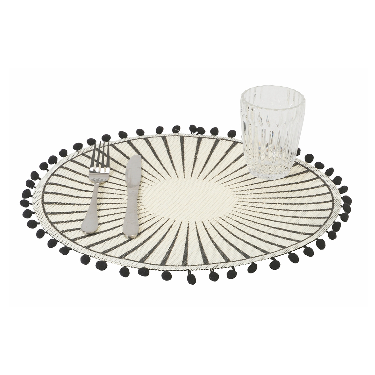 Juego de 6 manteles individuales redondos con pompones diseño geométrico 38 cm Black