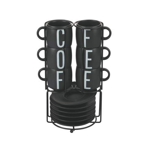 Set de 6 tazas de café con platillo de gres y soporte de acero Bigismore Promoción