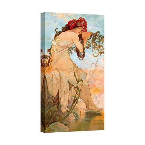 Impresión en lienzo canvas mujer con decoraciones florales Verano Alphonse Mucha Promoción