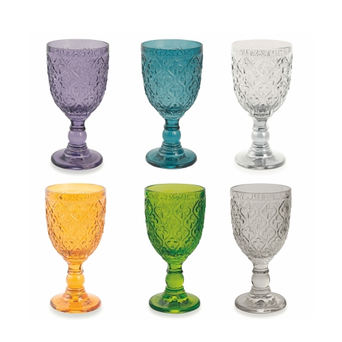 Set de 6 copas de vidrio trabajadas, diseño exótico Marrakech, coloridas Promoción