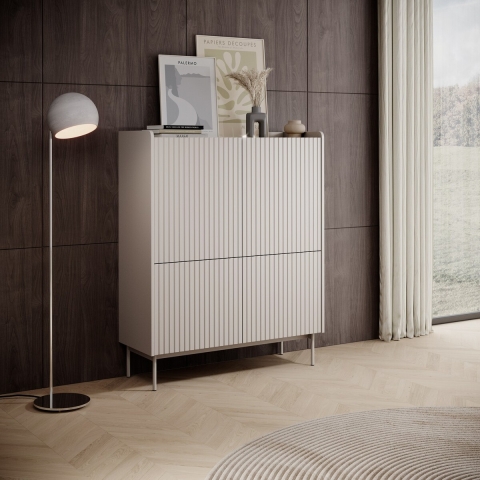 Aparador alto 4 puertas estriadas para salón beige Bitter Promoción