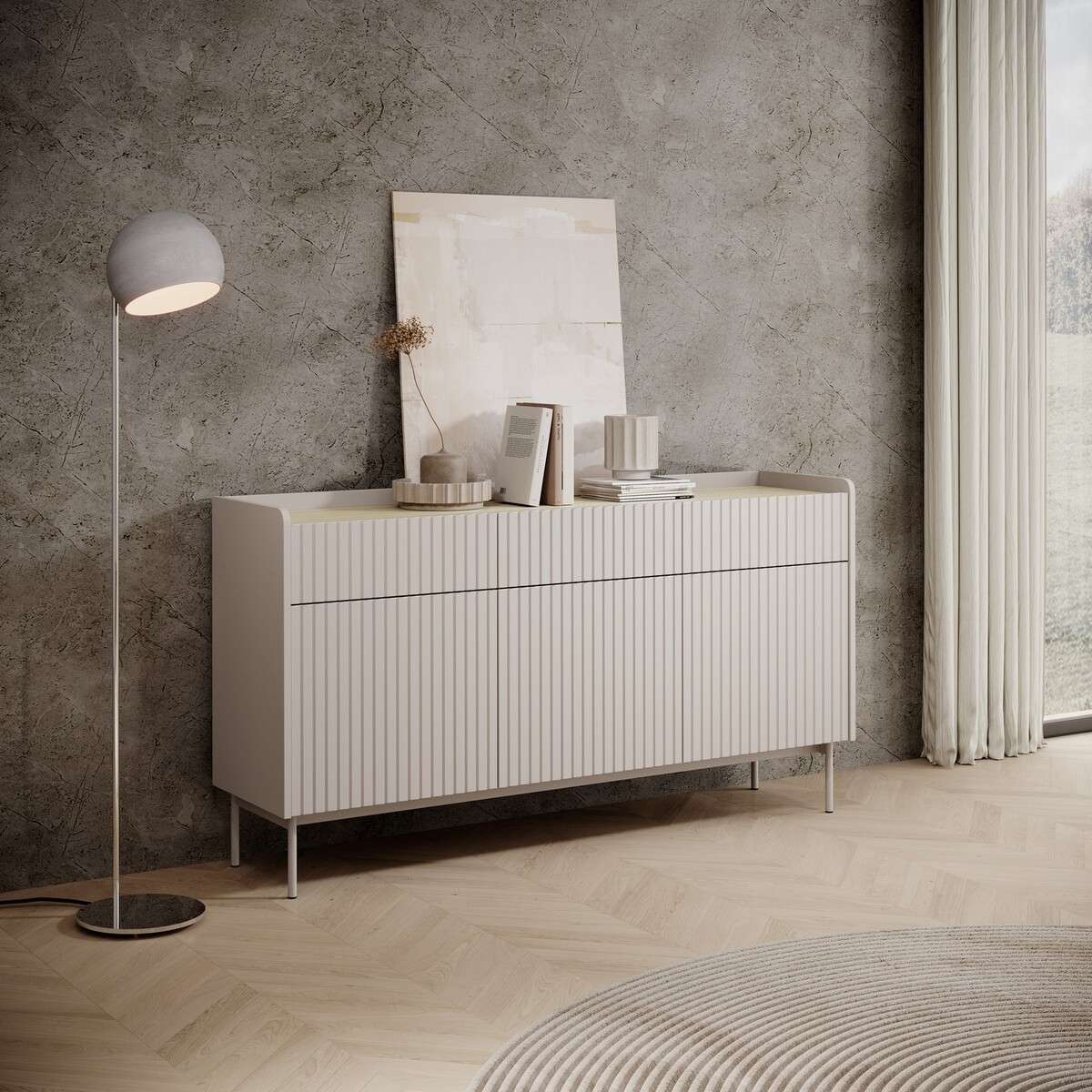 Aparador moderno beige para sala de estar con 3 cajones y 3 puertas Bitter Promoción