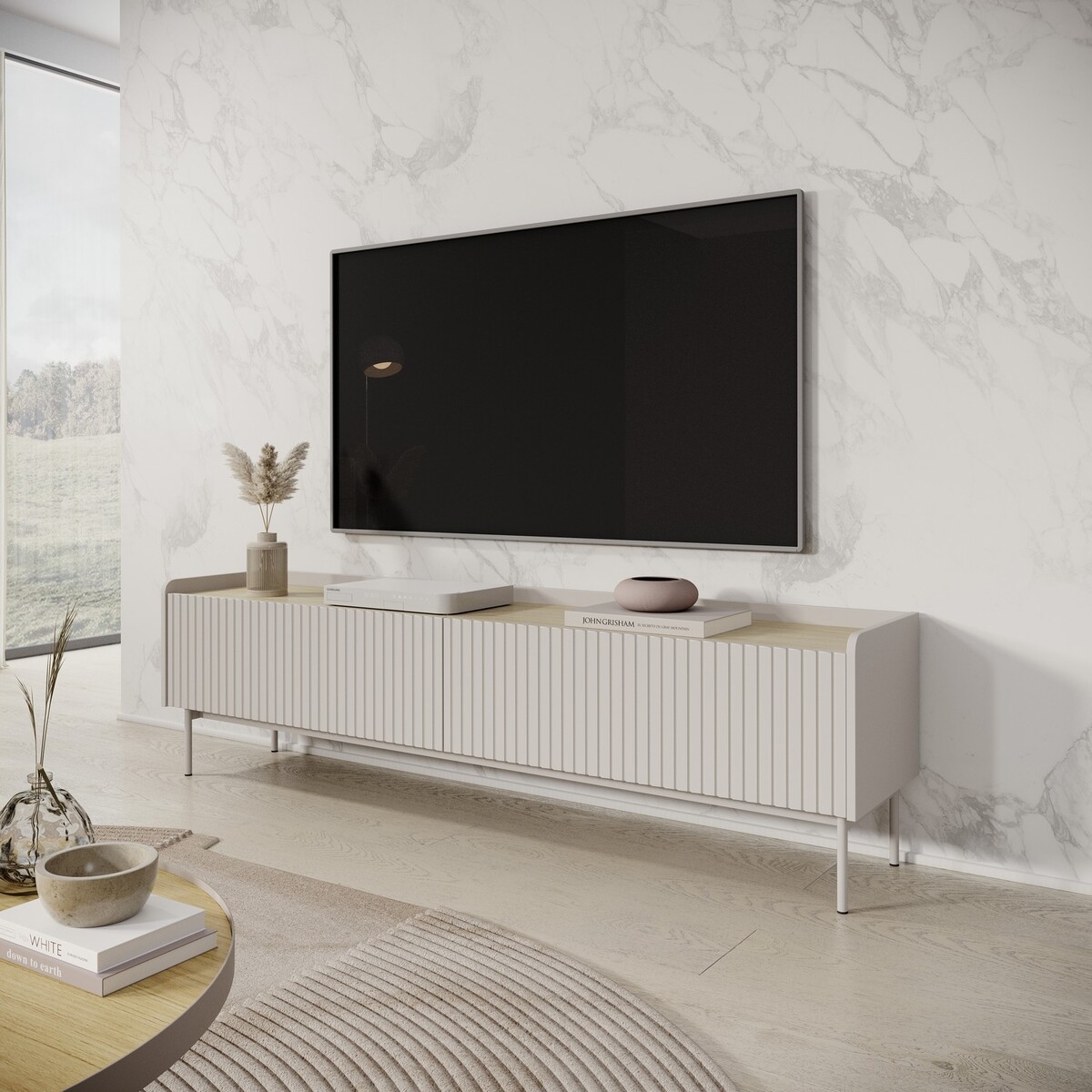 Mueble de TV bajo moderno 2 puertas abatibles beige 153x50x38 Bitter Promoción