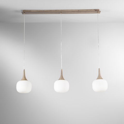 Lámpara colgante efecto madera 3 luces vidrio blanco opalino Jaipur Promoción
