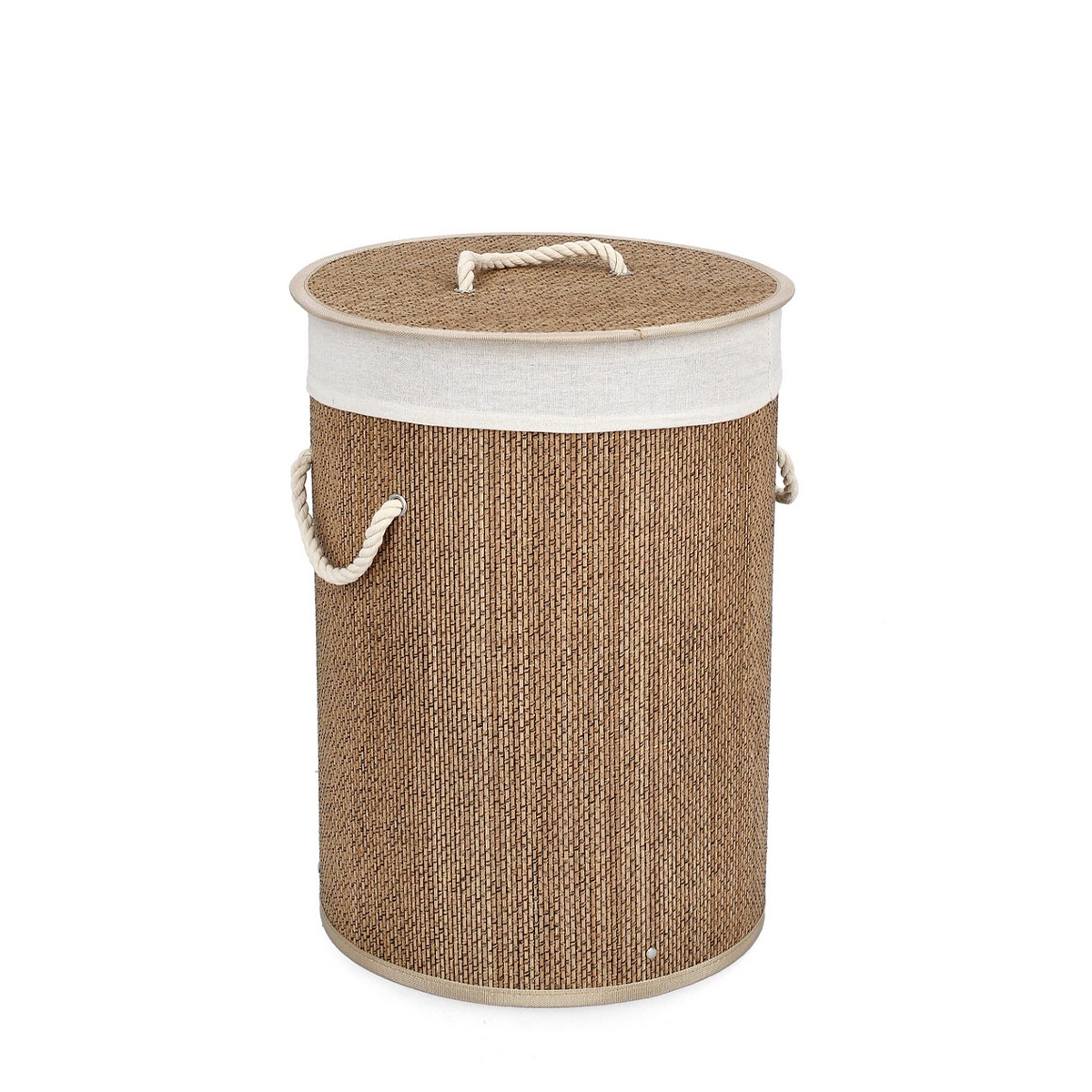 Cesto redondo para ropa sucia de baño bambú con forro beige 35x50 Zahara