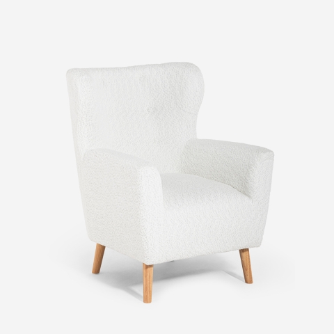 Sillón bergère moderno para salón en tejido bouclé blanco Kamo Promoción