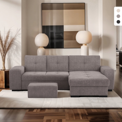 Sofá cama de 3 plazas con chaise longue derecha, almacenamiento y puf Kava Promoción