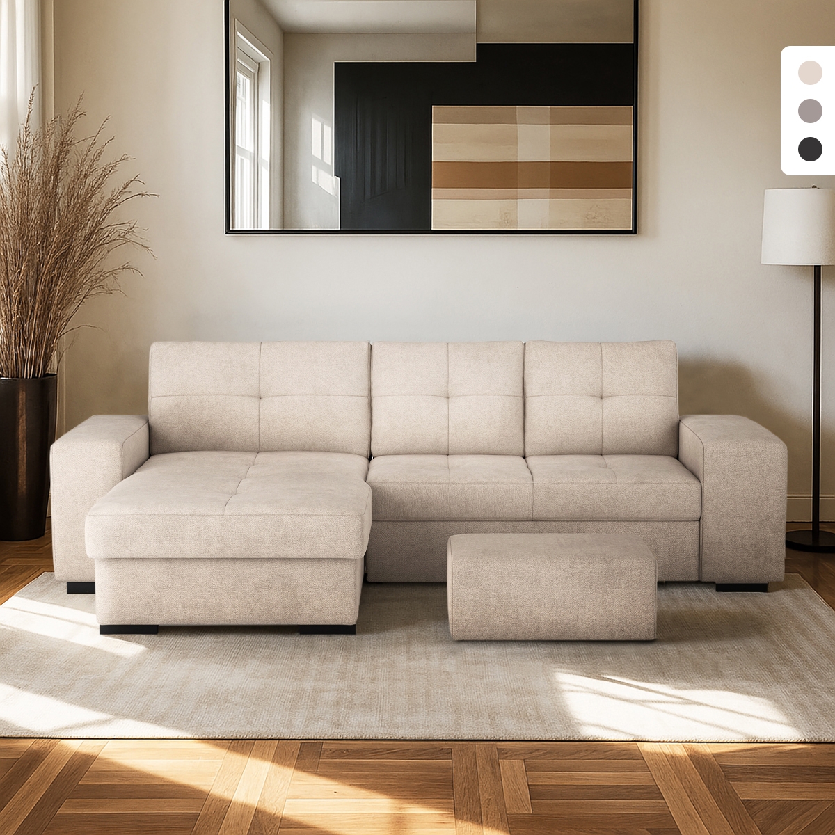 Sofá cama de 3 plazas con chaise longue almacenaje a la izquierda y puf Saro Promoción Sofá cama de 3 plazas con chaise longue almacenaje a la izquierda y puf Saro Promoción