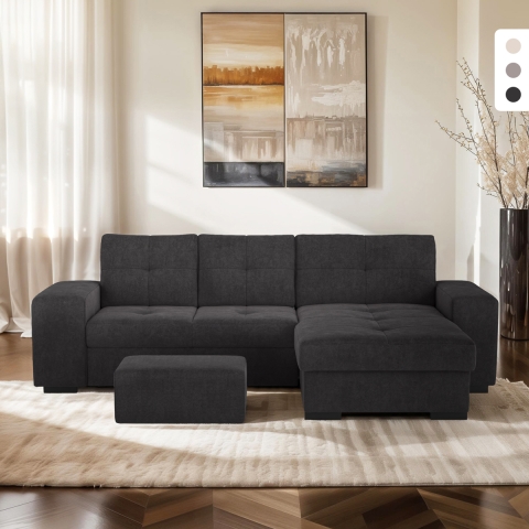 Sofá esquinero moderno de 3 plazas con chaise longue a la derecha y puff Vilo Promoción