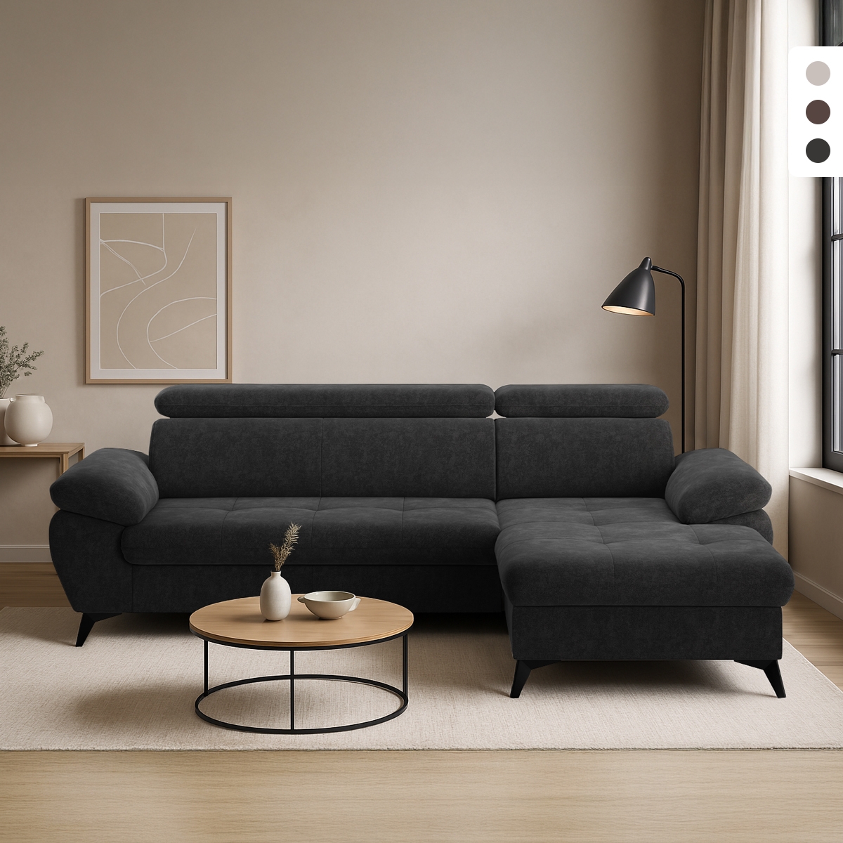 Sofá cama con chaise longue derecha con almacenamiento, reposacabezas ajustable Zuna Promoción