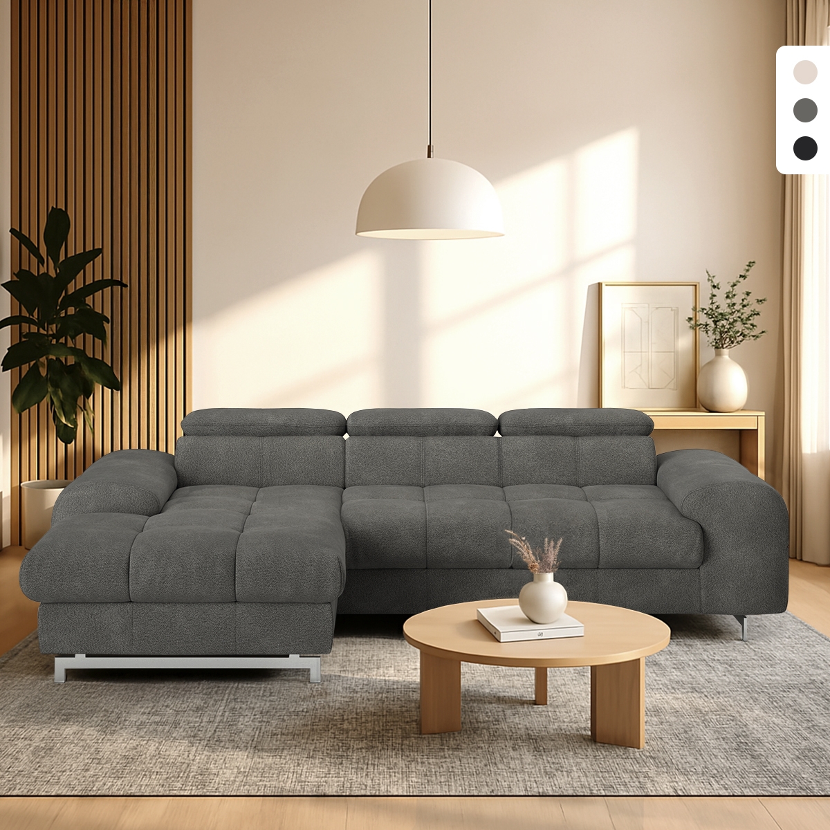 Sofá cama de 3 plazas con chaise longue izquierda, almacenamiento y reposacabezas ajustable Nura