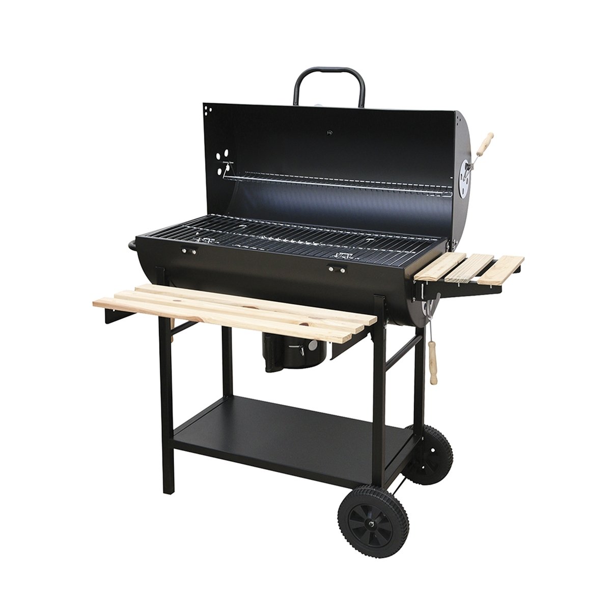 Barbacoa de carbón con tapa, ruedas y 2 estantes de madera Matambre Promoción Barbacoa de carbón con tapa, ruedas y 2 estantes de madera Matambre Promoción