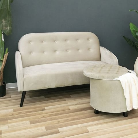 Sofá 2 plazas de tela efecto terciopelo vintage topo Zelto Promoción