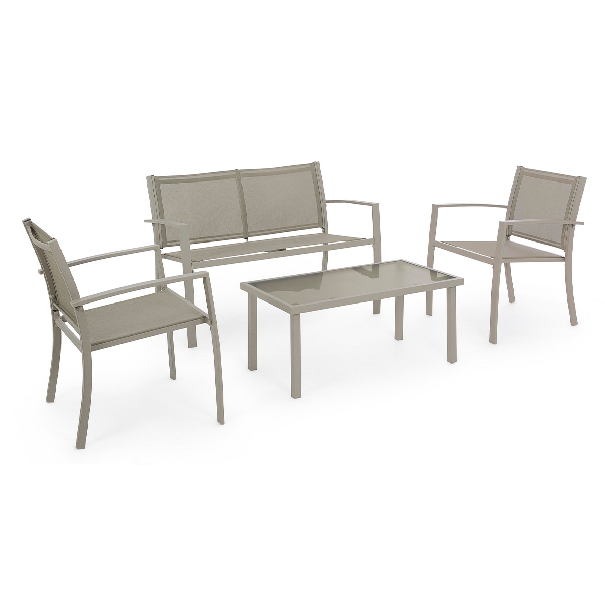 Juego de jardín: sofá, 2 sillas en textilene color taupe y mesa Peder