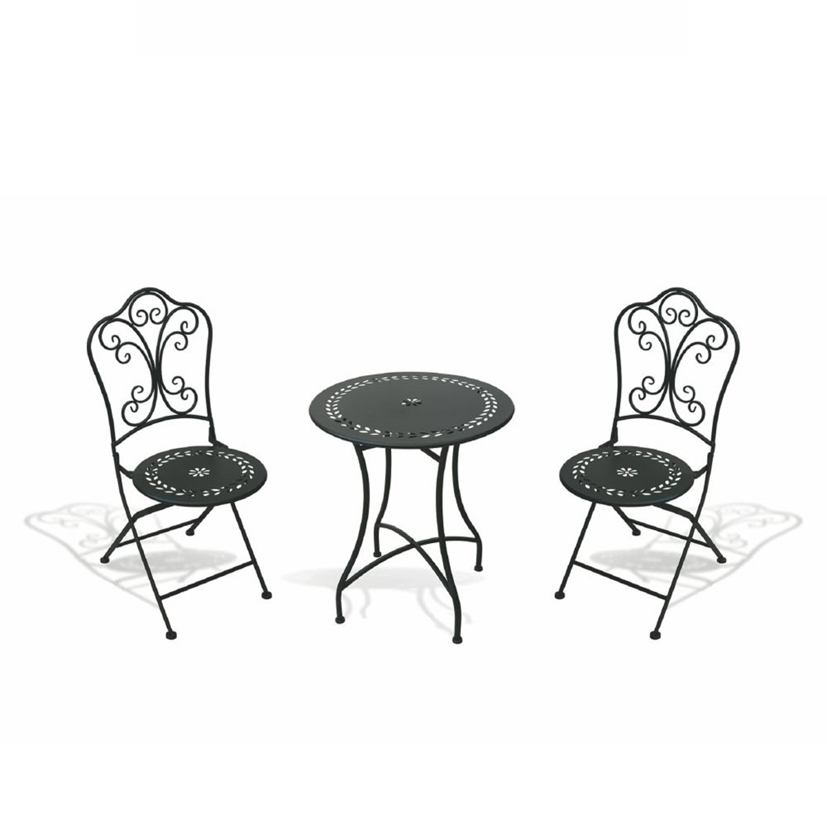 Juego de mesa y 2 sillas plegables para exterior de hierro negro Provence Breakfast Promoción Juego de mesa y 2 sillas plegables para exterior de hierro negro Provence Breakfast Promoción