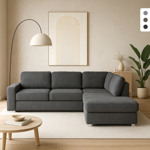 Sofá moderno de 3 plazas con chaise longue a la derecha, tejido chenilla Zafin Promoción