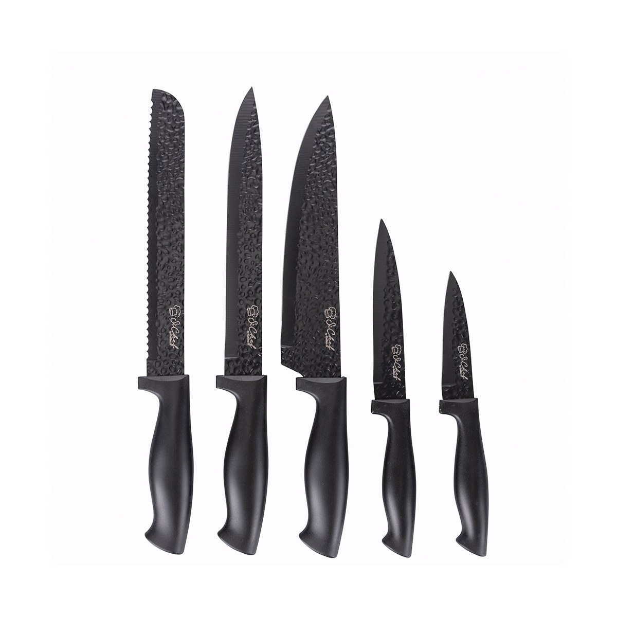 Bloque negro con 5 cuchillos de acero inoxidable efecto martillado Piko Promoción Bloque negro con 5 cuchillos de acero inoxidable efecto martillado Piko Promoción