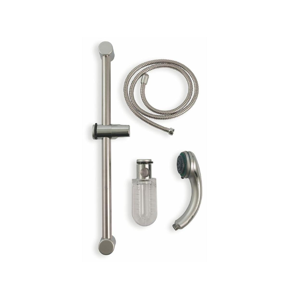 Set de ducha con teleducha, manguera flexible y barra deslizante satinado Sahra Promoción Set de ducha con teleducha, manguera flexible y barra deslizante satinado Sahra Promoción